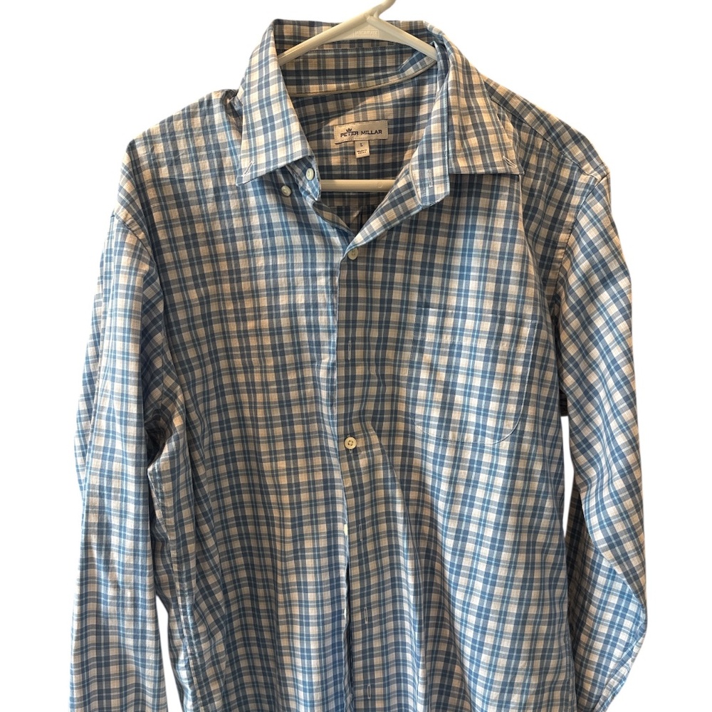 Peter Millar Shirt Mens Large Blue Black Plaid Dress Office Work Button Down